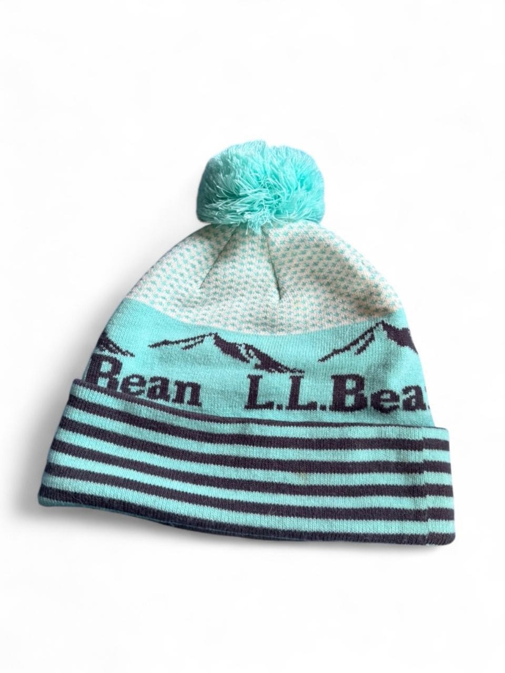 L.L.Bean beanie / winter hat katahdin style pom hat blue striped mountains ⛰️